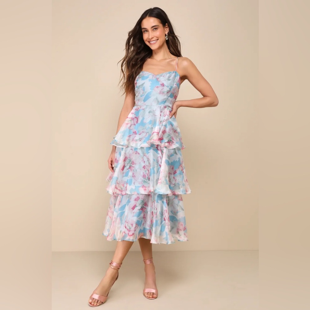 Lulus Floral Darling Blue Organza Tiered Midi Dress XL NWOT Tags - Picture 5 of 9